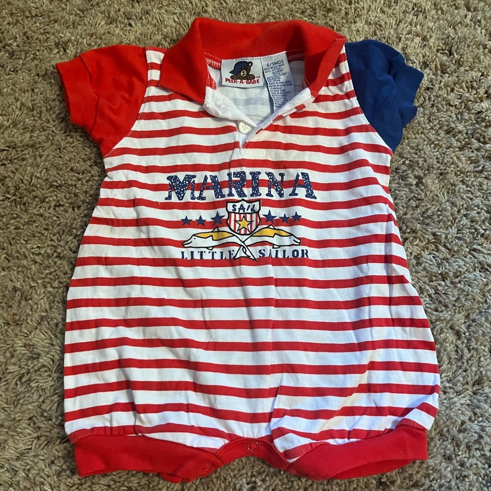 Vintage Peek-A-Babe Sailor Nautical Striped Baby Romper